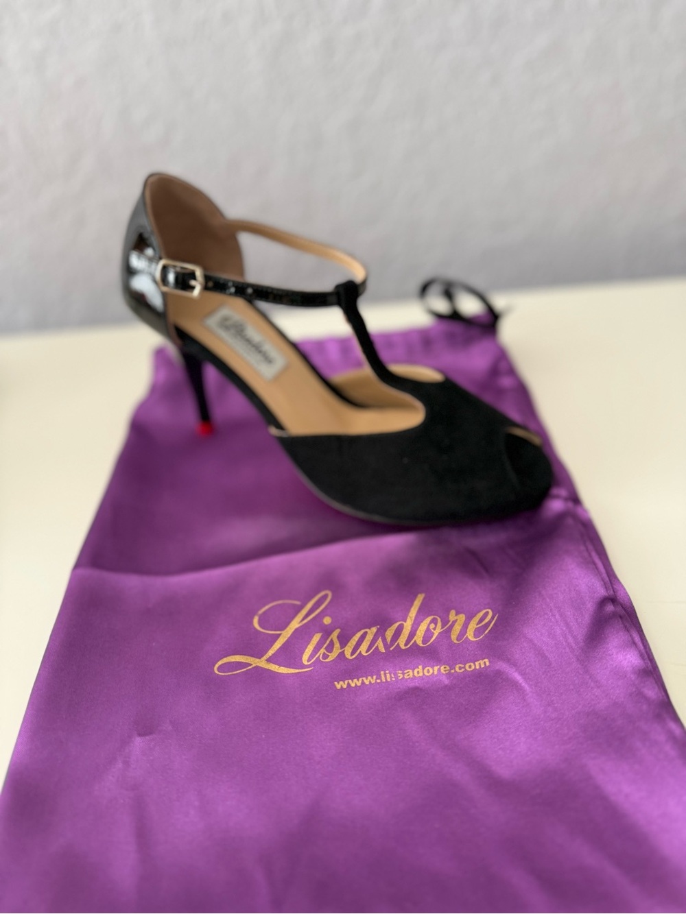 Lisadore Argentine Tango Black T-Strap Peep-Toe Heels with patent strap & heel